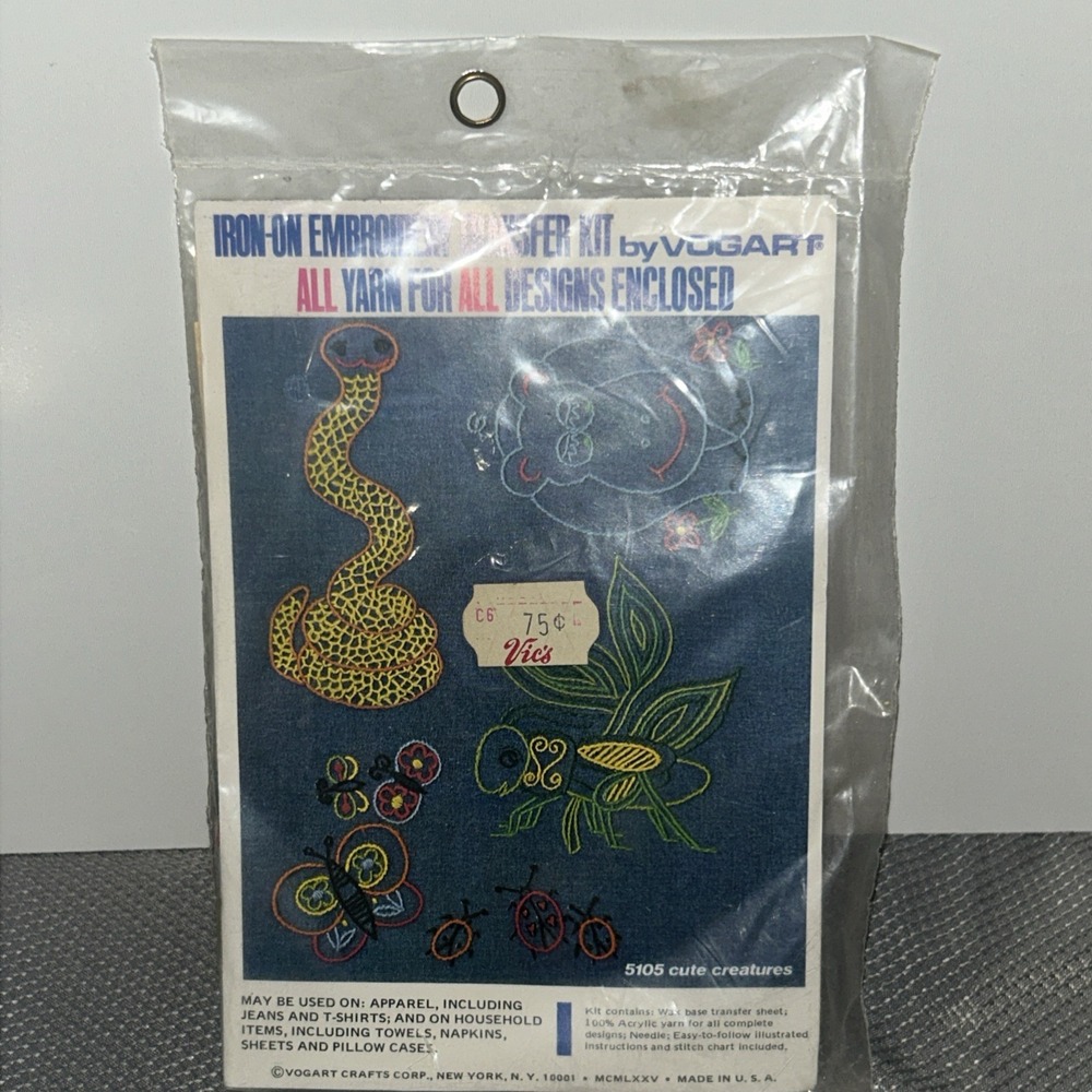 VTG 1975 Vogart Iron-On  Embroidery Transfer Kit W/Yarn, 5105-Cute Creatures-NEW